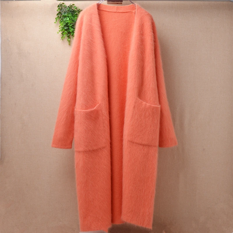 

Ladies women fashion Korean loose dress long sweater hairy angora rabbit fur long sleeves knit coat cardigans mink cashmere