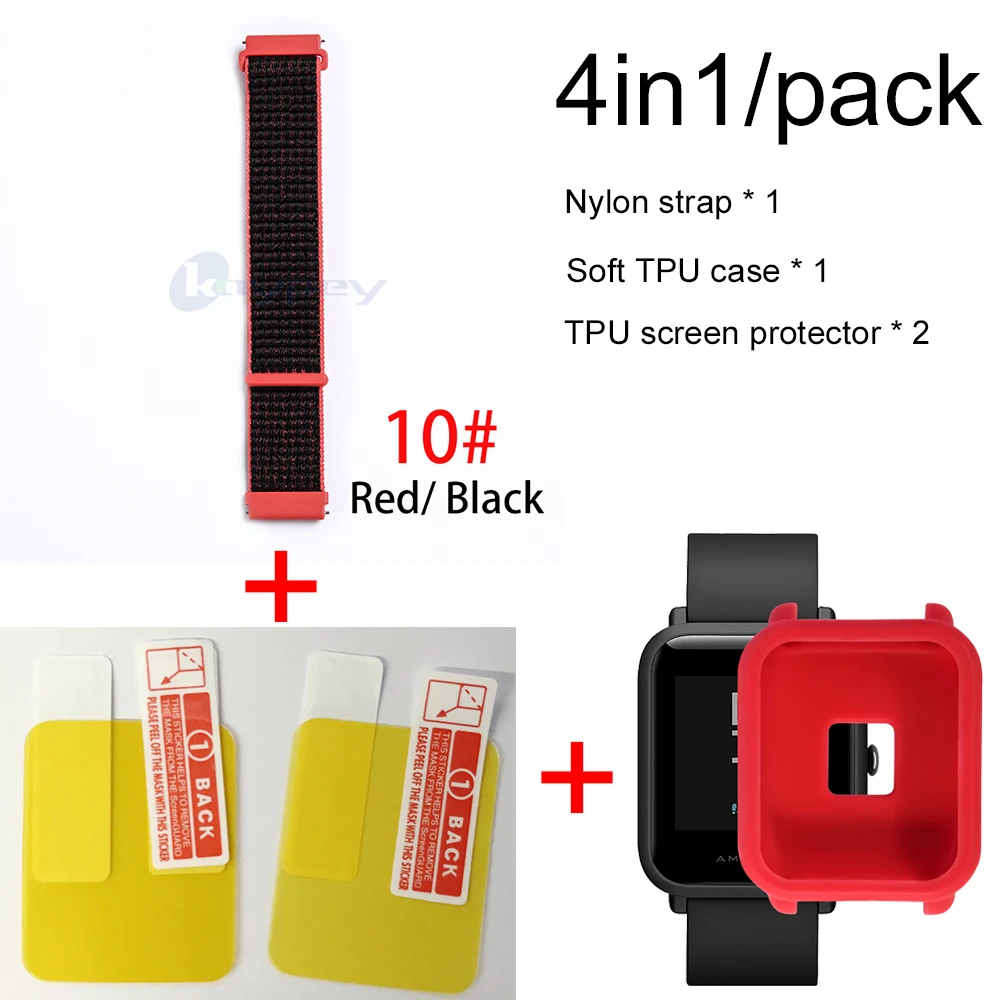 10-Red case 4в1/упаковка нейлоновый ремешок для Xiaomi Huami Amazfit Bip BIT Youth Watch ремешок на запястье браслет Резина Amazfit bip мягкий чехол - Цвет: 10-Red case