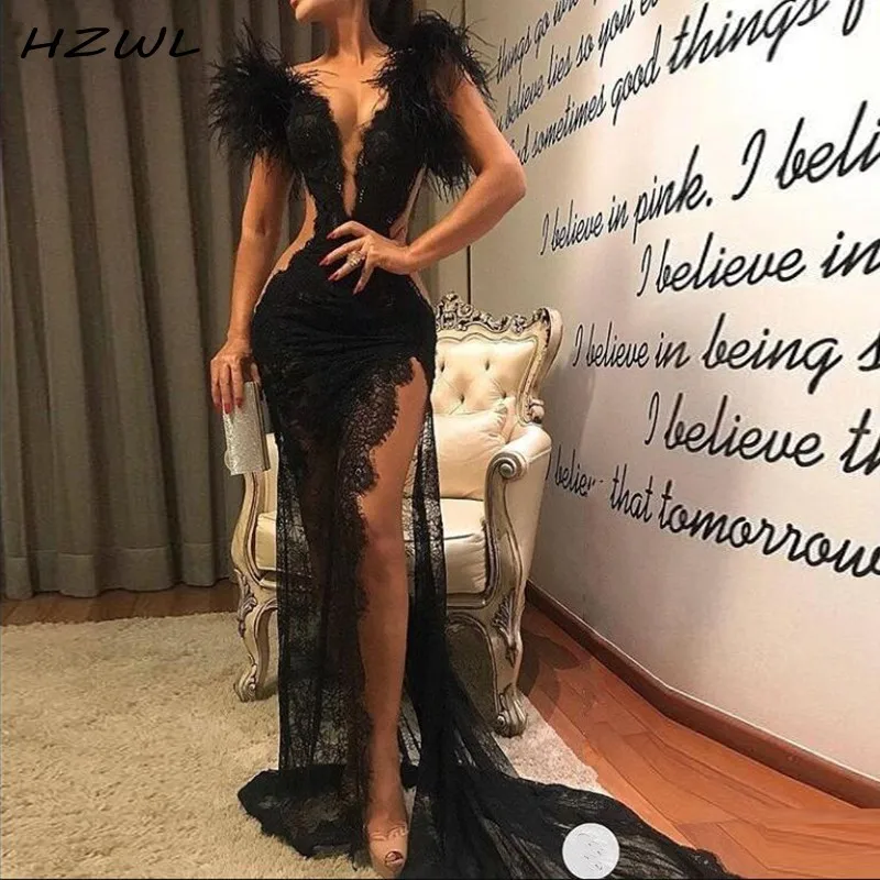 

Sexy Black Prom Dresses With Deep V Neck Feathers Cutaway Sides Lace Mermaid Evening Gowns Leg Slit Party vestidos de fiesta