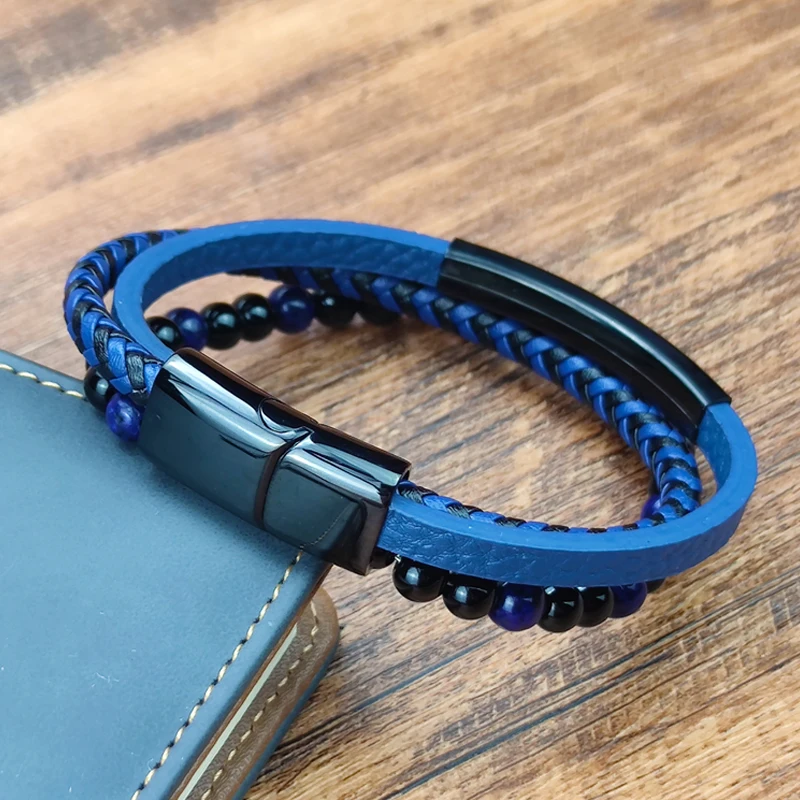 Blue Stone Bracelet Genuine Blue Leather Braided Bracelet Stainless Steel Magnetic Clasp Tiger Eye Bead Bangles Men Jewelry bracelet jewelry