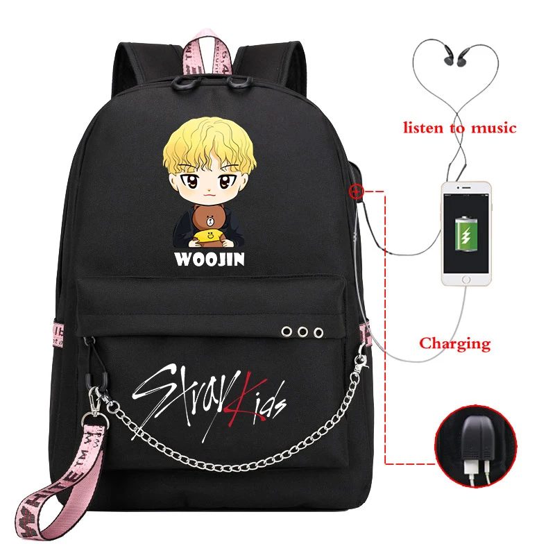 Бродячий Детский рюкзак, Mochila Feminina, Usb зарядка, школьные сумки для девочек-подростков, Kpop Bookbag, женский рюкзак, рюкзак для ноутбука, рюкзак для путешествий - Цвет: 810-JX-Straykids 28