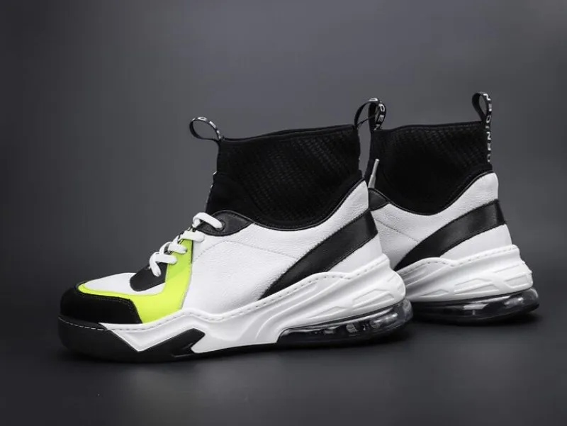 Personality Mixed Color Leather Patchwork Mens Outdoor Sport Shoes Lace Up Thick Bottom Increase Stretch High Top Casual Shoes