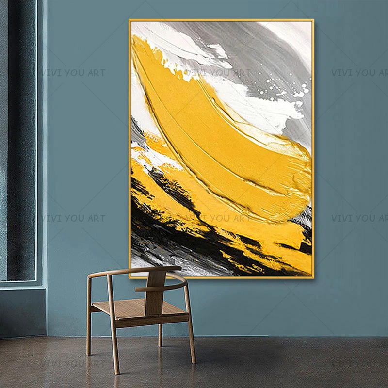 Best Art White Black Gray Yellow Abstract Oil Painting Canvas Handmade Home Decor Artwork | Дом и сад
