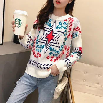 

Girl Long Sleeve Round Neck Plus Size Sweater Women Pentagram Frill Stitching Knitted Sweater Coat Female Students 2020