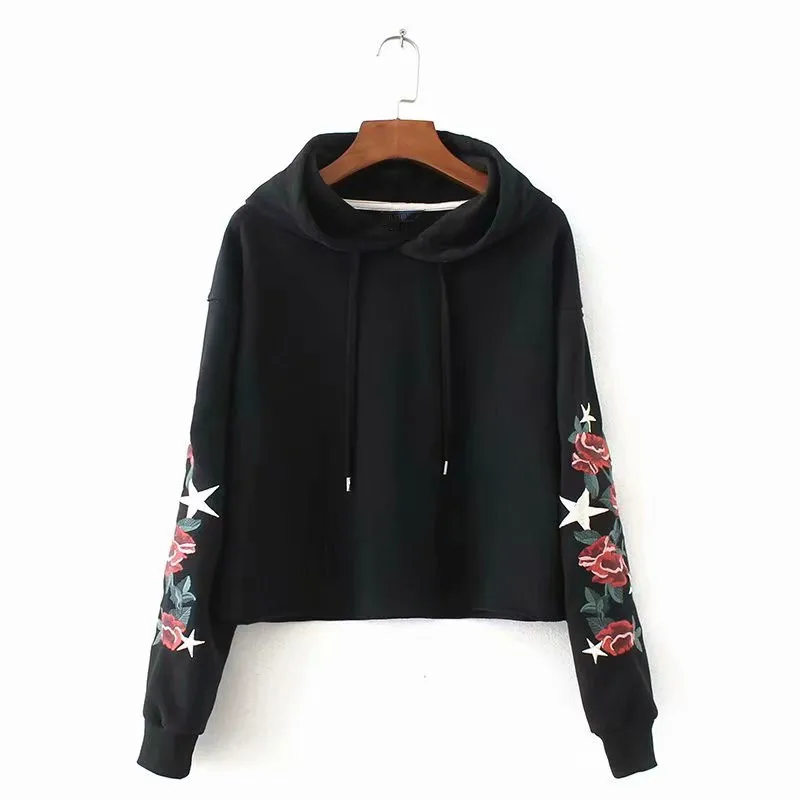 spring and autumn women's new embroidery short hooded sweatshirt plus velvet sweatshirt casual fashion shirt