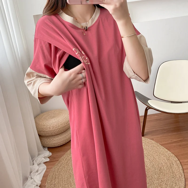 

Patchwork Short Sleeves Solid Color Lettern Print Nursing Mothers clothes Dress For Pregnant Women Pregnancy 8519