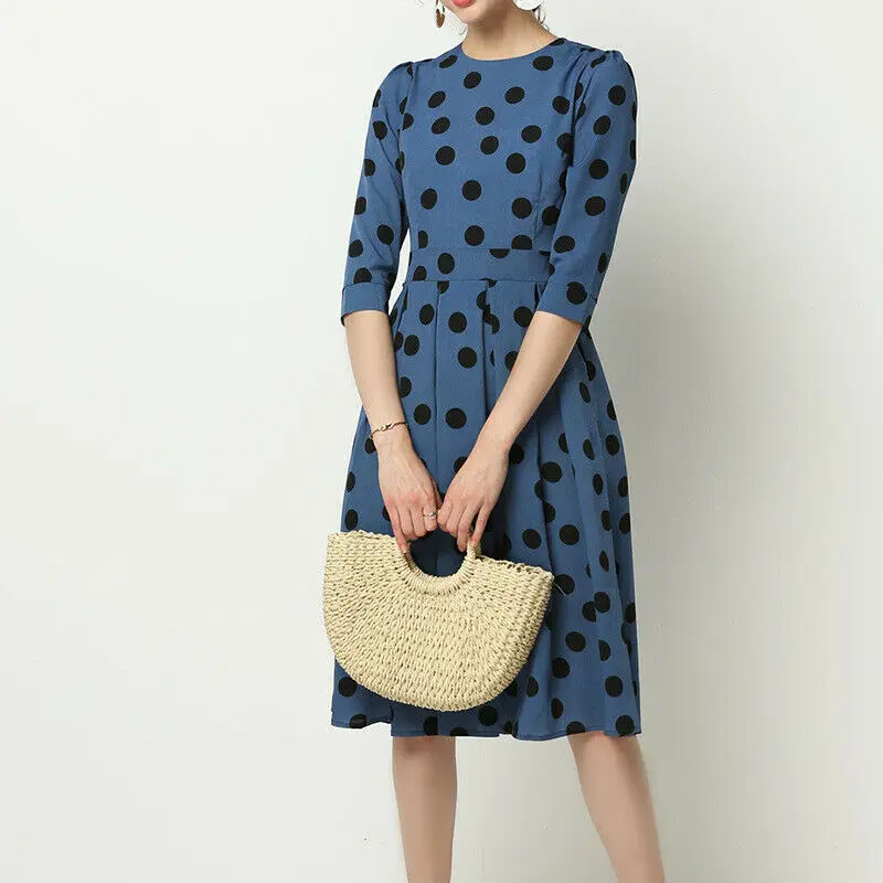 New 2020 Vinatge Women Half Sleeve Midi A-Line Dress Polka Dot Boho Ladies Retro Vestito Casual Sundress Party Dresses