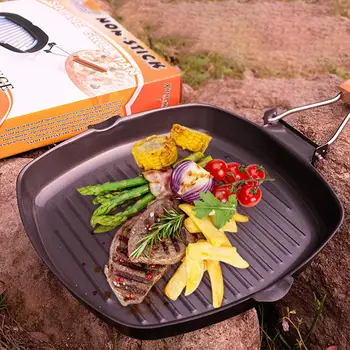 

LumiParty Cast Iron Steak Frying Pan Breakfast Skillet Wooden Handle Folding Portable Square Grill Pan Outdoor Camping Fry Pan