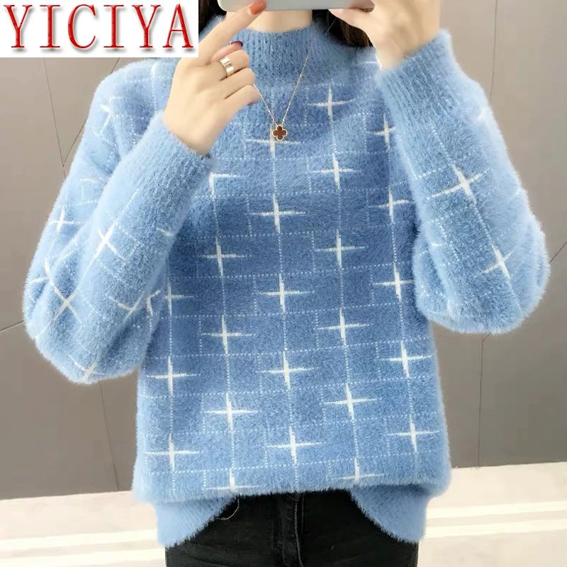 

Fall Winter Warm Sweaters Women Pullover Sweater Pattern Mohair Thick Plush Wool Autumn Loose Soft Fur Cashmere Blue Clothing