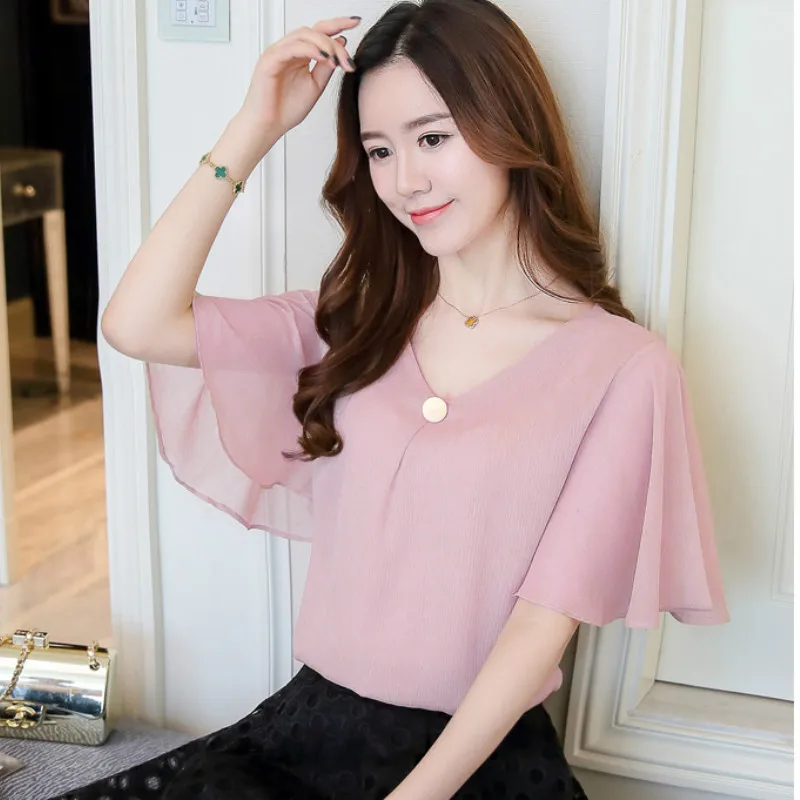 2020 модная шифоновая женская одежда Рубашки Топ с расклешенными рукавами женские