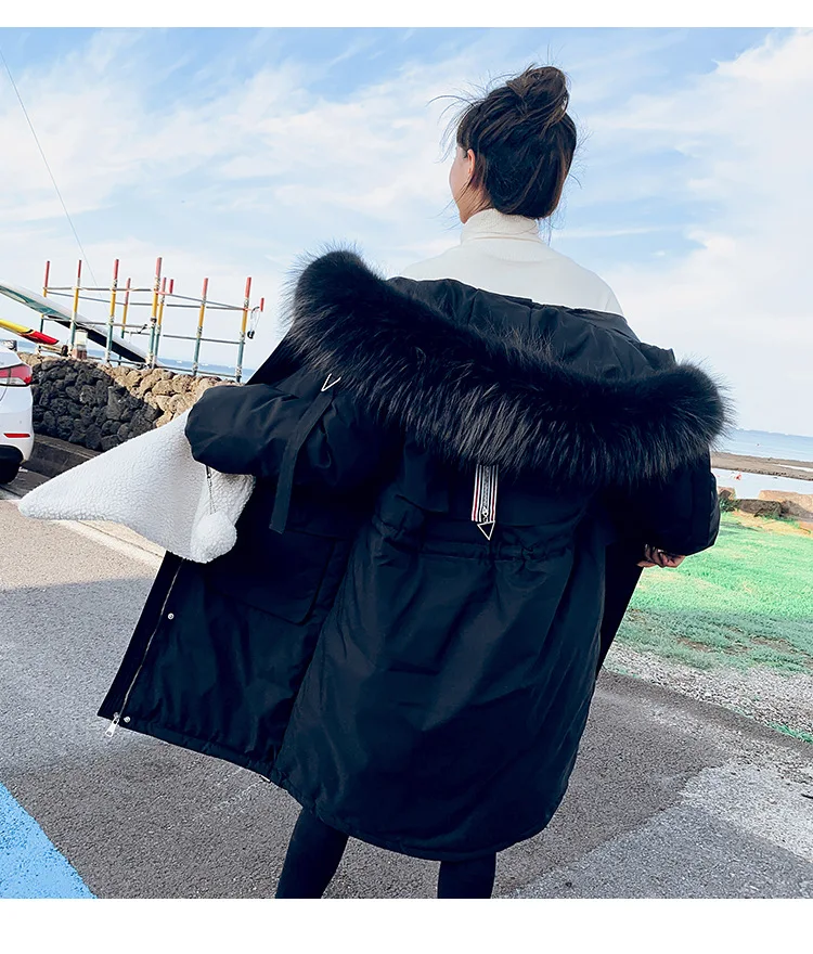 Winter jacket women Korean Version Mid-long Three-dimensional Pocket Large Hair Collar Down Cotton Clothes