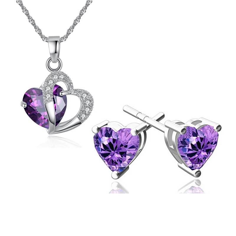 Purple Модные серьги с сердечком и острым кубическим цирконием модные вечерние комплекты ювелирных изделий - Окраска металла: Purple