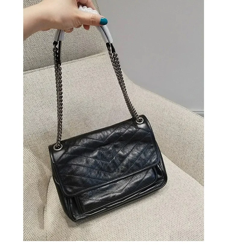 Новая кожаная винтажная сумка-мессенджер Niki, Большая вместительная универсальная сумка через плечо с ремешком на цепочке
