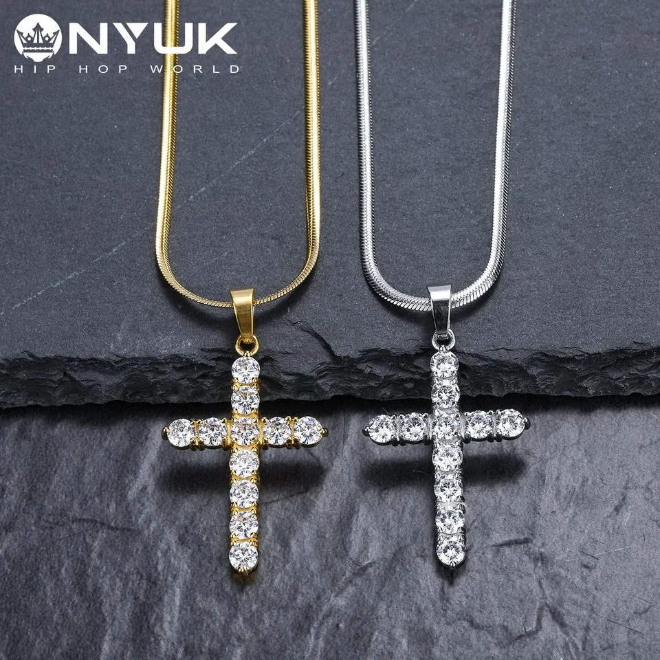 

NYUK Men Women Zircon Cross Pendant Gold Silver Copper Material Iced CZ Cross Pendants Necklace Chain Fashion Hip Hop Jewelry