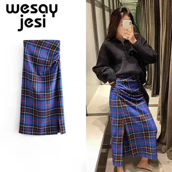 

High Waist England style vintage Fork opening bow high wasit plaid midi skirt women faldas mujer moda 2019 long skirts womens
