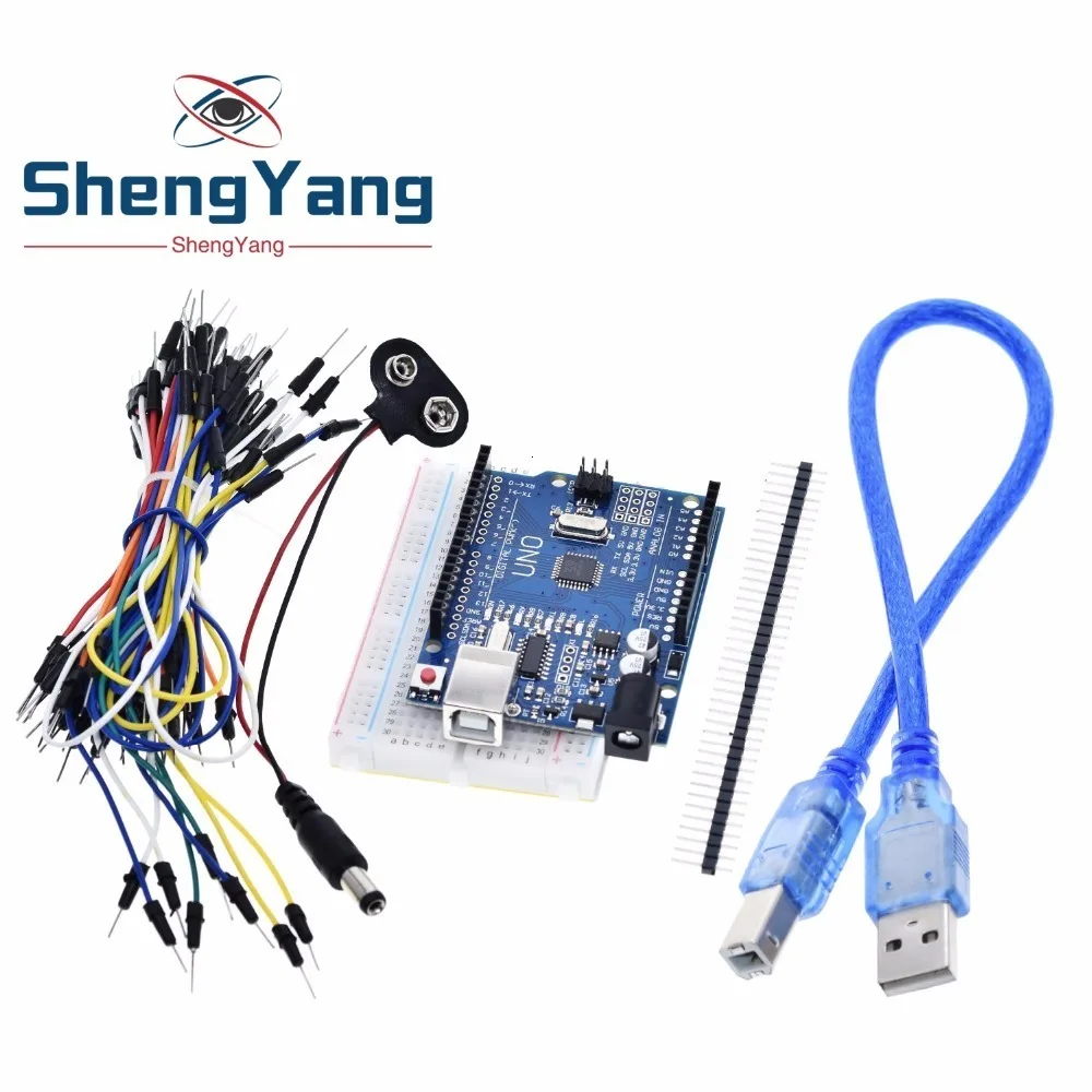 ShengYang стартовый комплект для arduino Uno R3-комплект из 5 предметов: Uno R3 макетная плата Перемычка провода USB кабель и 9 в разъем батареи
