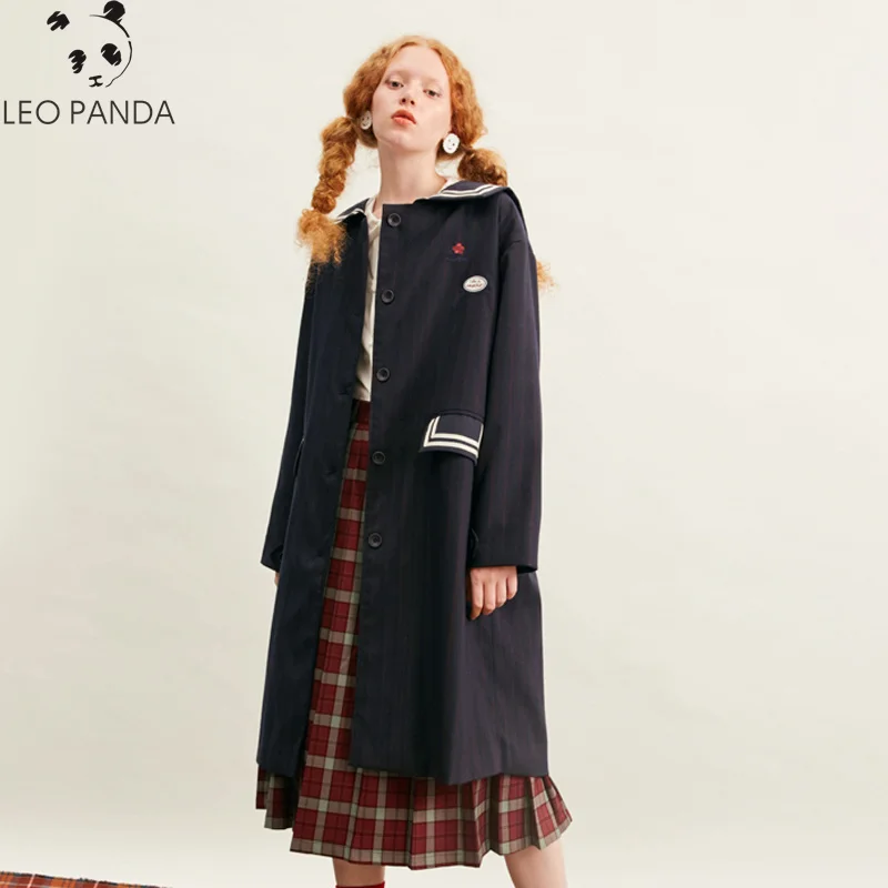 

New Spring Fall Women Casual Windbreaker Sailor Collar Overcoat Outerwear2019 Striped Dark Blue Trench Coat Embroidered Flowers