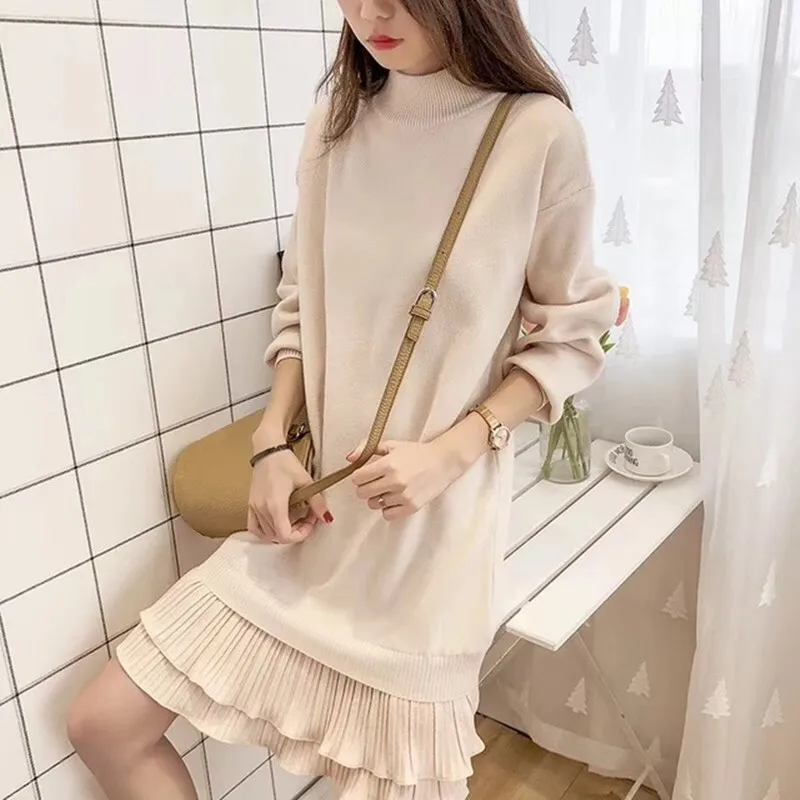 

Sweater Dress Women Winter Knitted Cashmere Long Sleeve Dresses Korean Woman Split Pleated Dresses Lady Vestidos Female Clothes