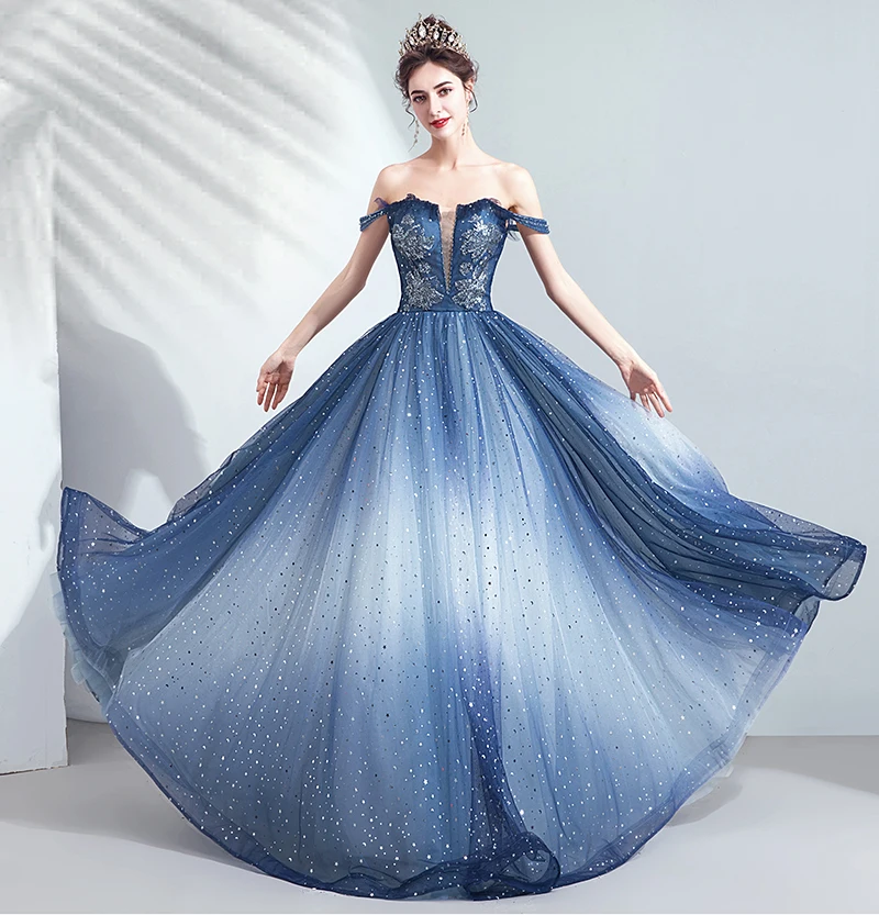 SSYFashion роскошный синий вечернее платье, для банкета; яркое; с блестками; с аппликацией и вырезом лодочкой длиной до пола, платье на выпускной, торжественное Платья Vestidos