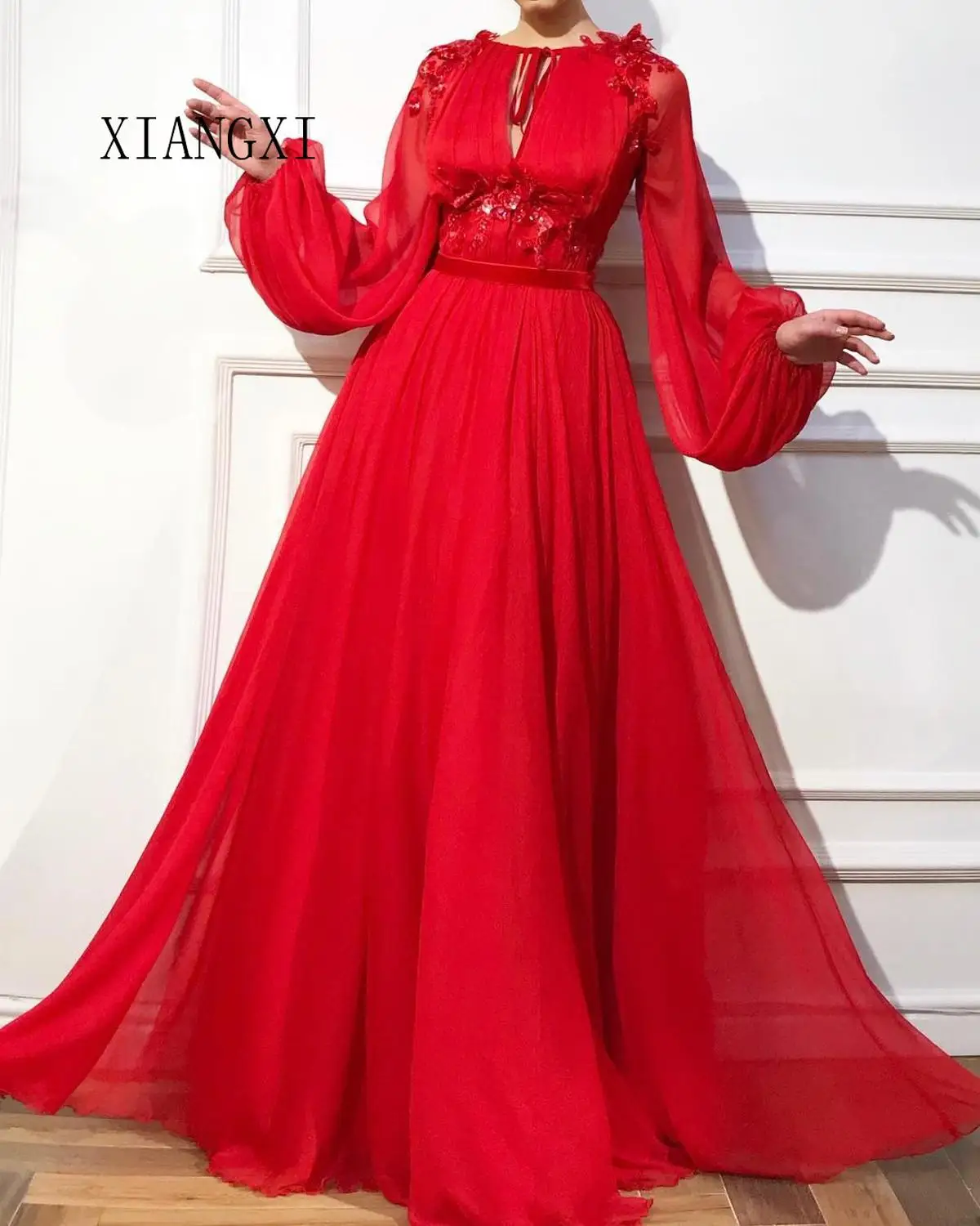 Vestidos De Festa красное вечернее платье для мусульманских женщин трапециевидной формы с круглым вырезом и длинными рукавами длинные вечерние платья для выпускного вечера Вечернее платье