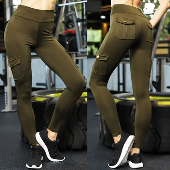 

Women Elastic Leggings Dacron Sports Hips Up Long Pants with Pockets IK88