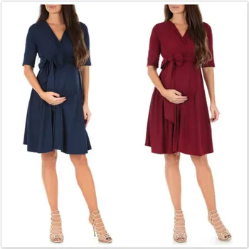 

Women's Summer Spring Casual Maternity Dress Half Sleeve Knee Length Pregnancy Dresses Clothes Pleated Party Dress