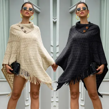

Shawl Plaid Sweater Women Winter Button Half Open Collar Pull Diamond Knitted Cashmere Poncho Capes Cloak Sweater Coat