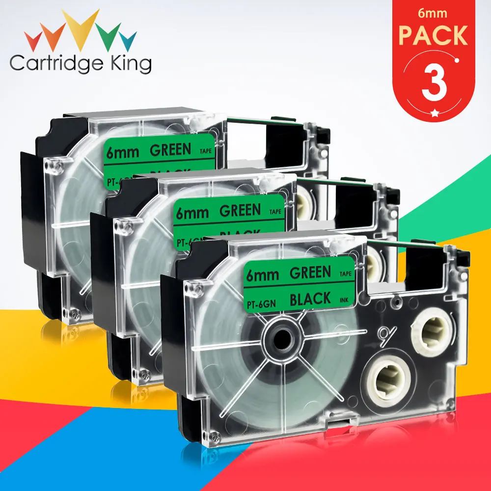 

3PK XR-6GN 6mm Black on Green Cassette Label Ribbon Replace for Casio KL-60 KL-120 KL-1500 KL-2000 KL-7000 KL-750 Tag Printer