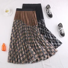 Кофейная, черная, гибкая, эластичная, с высокой талией, миди, плиссированная, трапециевидная, теплая, клетчатая, бархатная юбка для женщин, женские юбки, saia saias falda