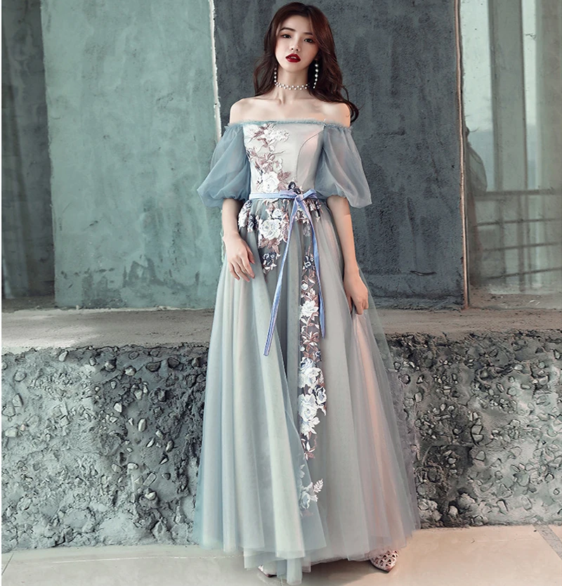 Пром платье, с вырезом лодочкой с вышивкой Vestidos de gala с открытыми плечами Для женщин вечерние ночные платья 2019 Половина рукава платья для