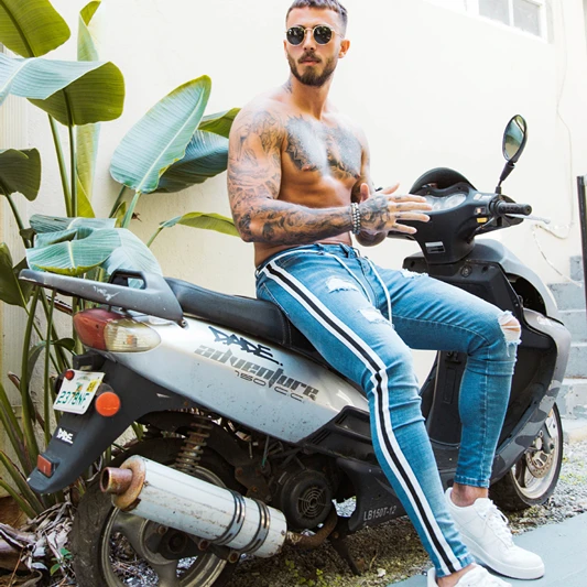 

mens skinny jeans side striped pencil pants biker ripped distressed man denim trousers stretch calзas jeans masculina 2019 new