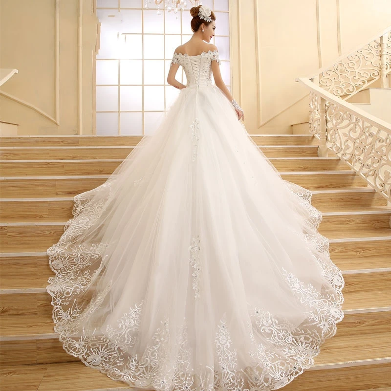 Robe de mariee Cathedral Tail 2019 Роскошная свадебная одежда с открытыми плечами с короткими рукавами и кружевной аппликацией Vestido De Noiva свадебное платье