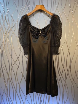 

2020 Spring and Summer New Women's Irregular Neckline Make zuan kou Lace Sleeves Solid Color Dress 513