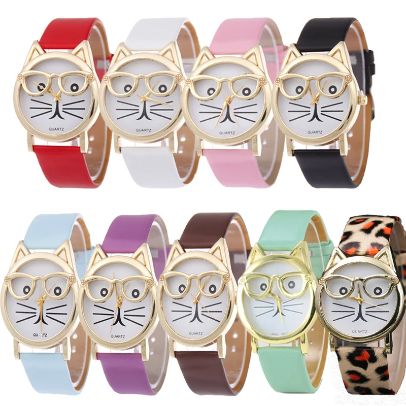 12 mix color Модные горячие продажи очки наручные часы с котом модный кожаный ремешок чехол Материал Нержавеющая наручные часы женские кварцевые часы Новинка - Цвет: 12 mix color