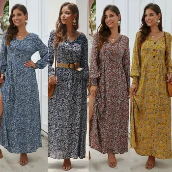 

Hirigin Fasion Women Flared Long Sleeve Autumn Dress Flower Long Maxi Dress