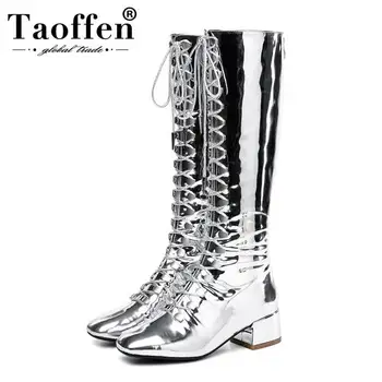 

Taoffen Patent Leather Women Knee High Boots Square Toe Cross Strap Thick Heels Shoes Winter Warm Women Footwear Size 33-43