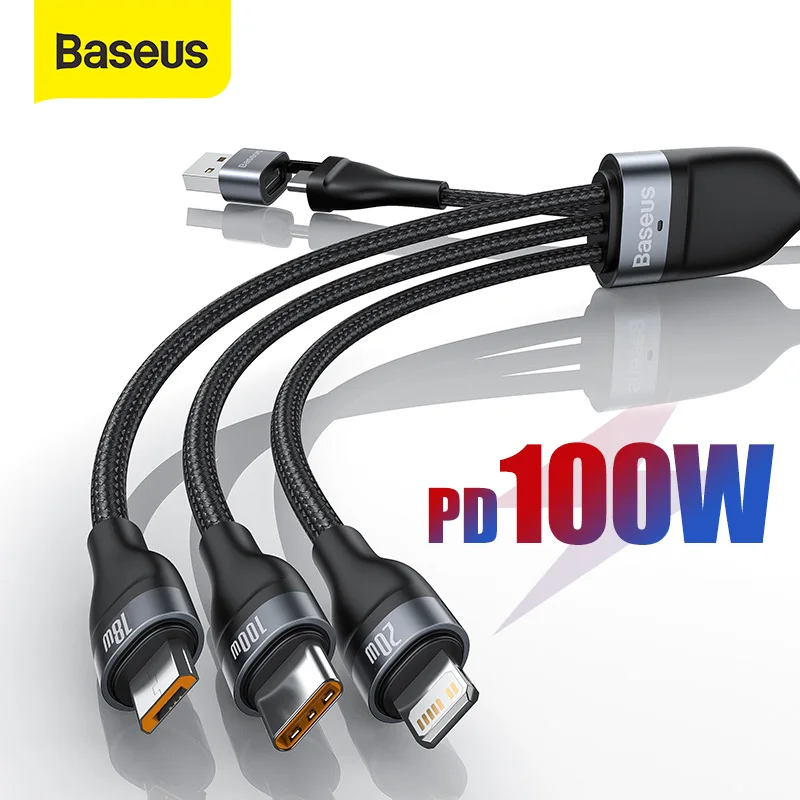 Baseus 3 in 1 2 USB Type C PD Micro Cable for Xiaomi poco x3 redmi note 9pro huawei 4 in 1 Charging Cord for iPhone11 12 realme
