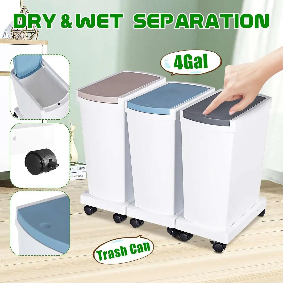 Classification Garbage Bin Kitchen Bathroom Toilet Trash Can Sorting Rubbish Waterproof Waste Dustbin Bucket with Lid Wheels 15L | Дом и сад