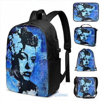 

Funny Graphic print Billie Holiday Lady Day USB Charge Backpack men School bags Women bag Travel laptop bag