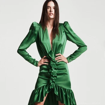 

Fashion Women Dress Spring Autumn Green Deep V Neck Long Sleeve Ruffles Night Club Party Dress Sexy Bodycon Dresses Dropshipping