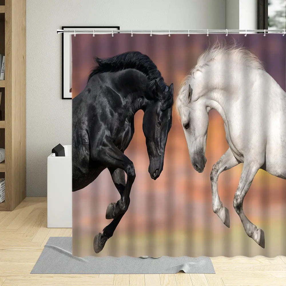 Grassland Animal Horse Shower Curtain Black White Horses Running