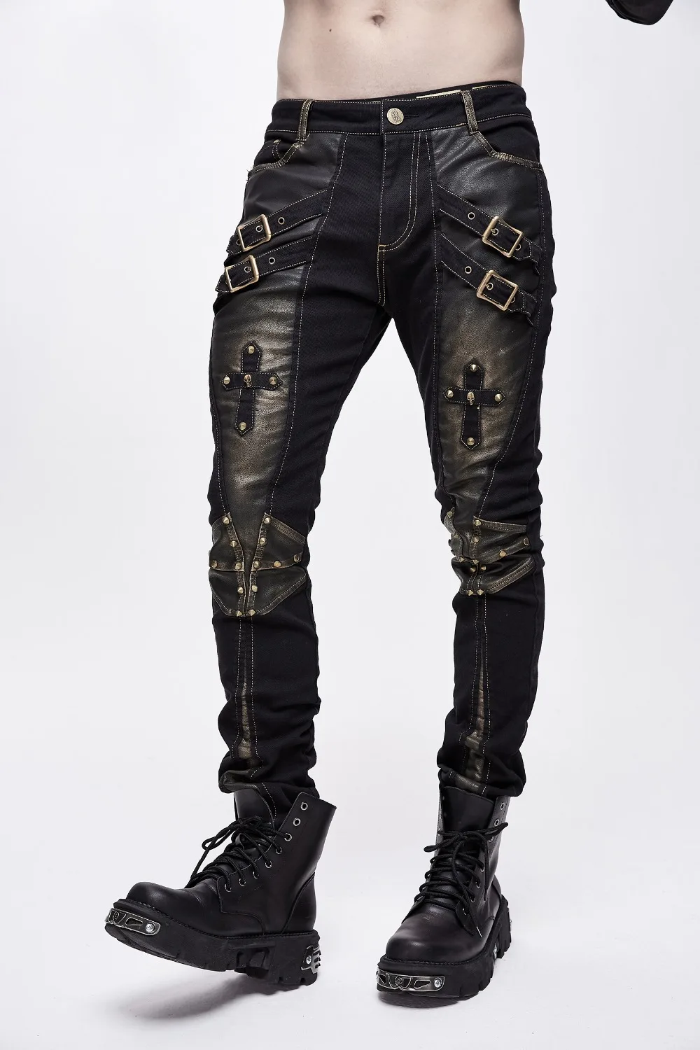 Devil Fashion Men's' Metal Buckets Cross Black Long Pants Rivets