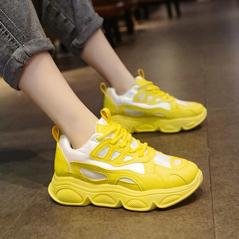 Yellow Женские кроссовки на массивном каблуке; модная женская обувь на платформе; розовые туфли на шнуровке; женские кроссовки; Повседневная обувь; zapatos mujer - Цвет: Yellow