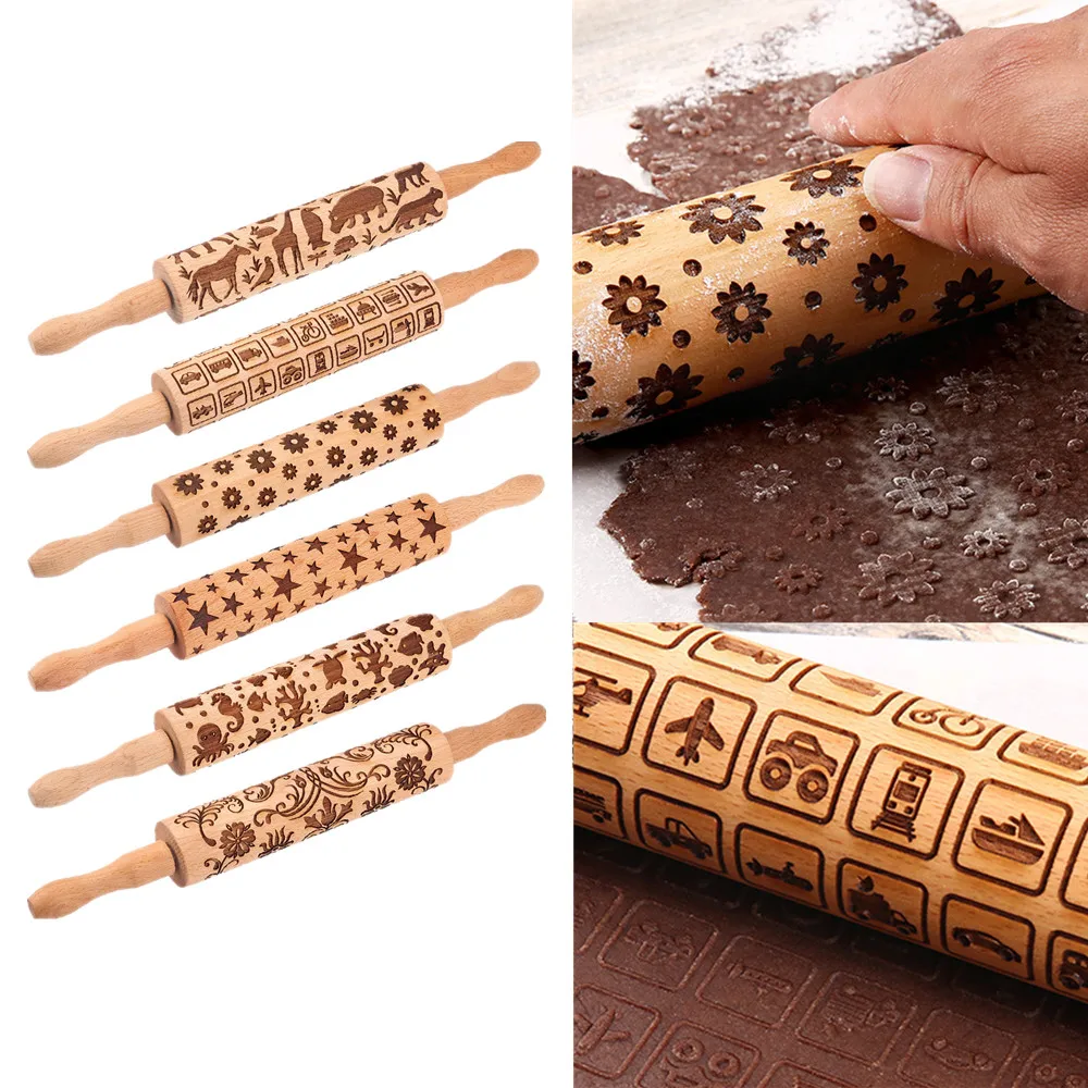

38*4cm Fower Cars Animal Embossing Rolling Pin Baking Cookies Biscuit Fondant Cake Dough Engraved Wooden Roller Kitchen Tool