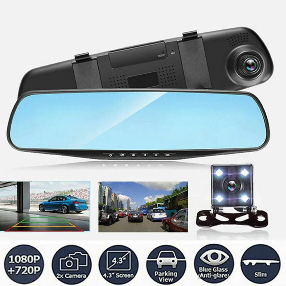 

4.3 inch HD 1080P dual lens car DVR rearview mirror driving recorder camera kit auto recorder video full hd front and rear