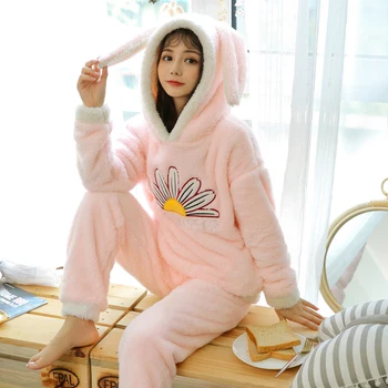 

Girls Pajama Set Flannel Winter Pajamas Long Sleeve Full Trousers Cute Warm Thick Flannel Homewear Pyjama Women Sleep Lounge Set
