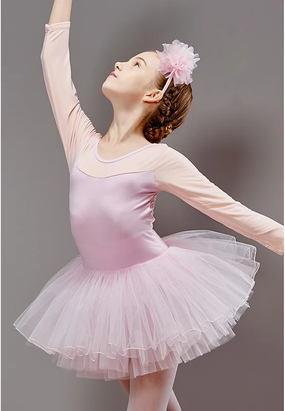 Combed Cotton Ballet Dress Dance Dress Tutu Ballet for Girls Kids Children High Quality Ballerina Long Sleeves Tulle Dance