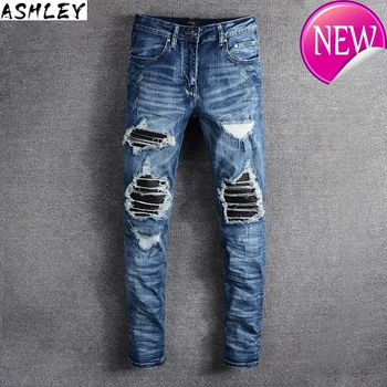 

PU leather Men's patchwork ripped biker jeans Patch slim skinny stretch denim pants