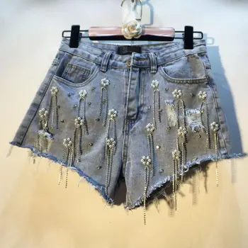 

Women 2020 Summer Fashion Ripped Hole Diamond Tassel Demin Shorts Female high wasit loose wide leg Jean Shorts r603