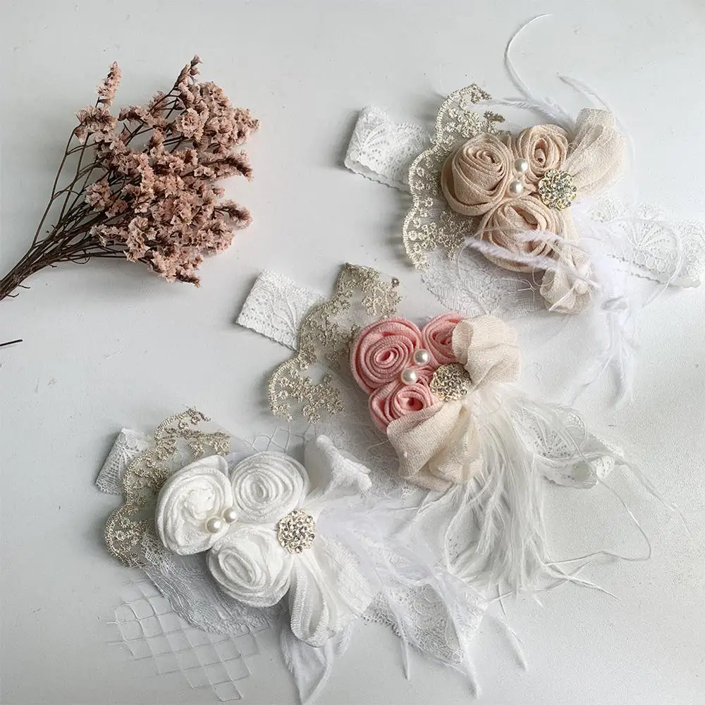 Satin Flower Feather Baby Headband White Lace Rhinestone Pearl Princess Girls Hair Band Vintage Fashion Newborn Accessories hair accessories hair bands hair headband accessories baby headband set